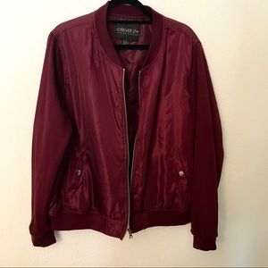 Burgundy Mixed Fabric Bomber Jacket